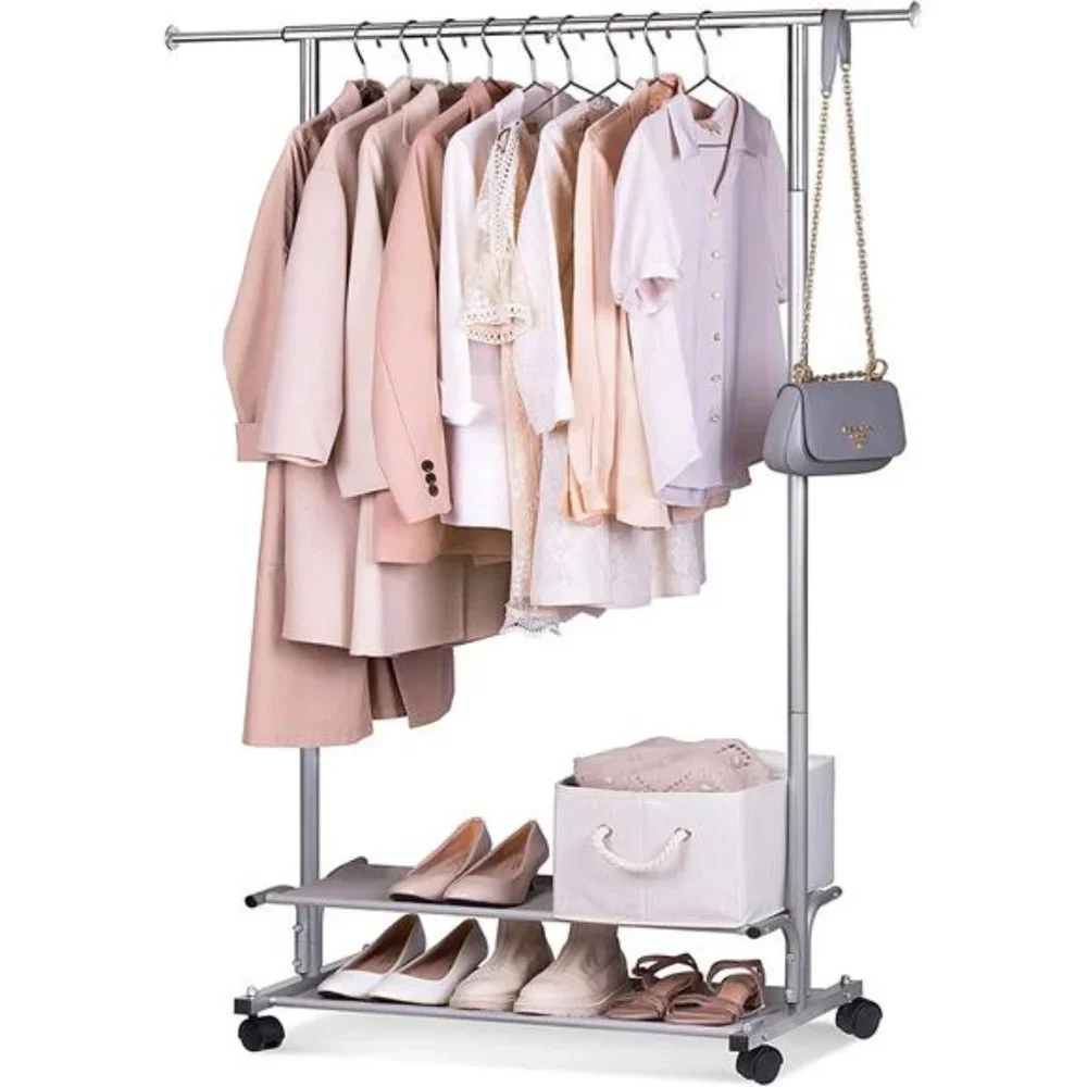 2 Shelves Clothing Racks, Garment Rack Heavy Duty Metal Wardrobe Rack, Grey - Picture 1 of 6